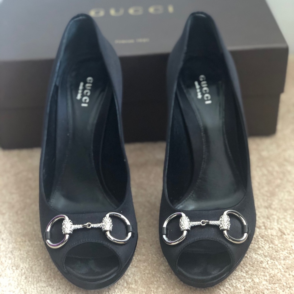 Gucci black diamond horsebit peep toe heels - Picture 1 of 6